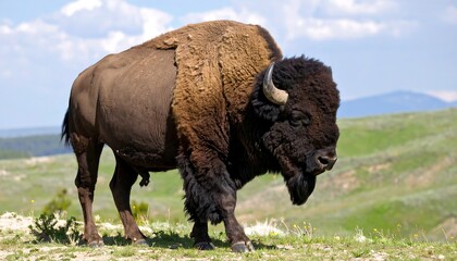 Majestic bison walking on a grassy green hillside
