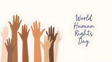 Human rights day concept, banner, background with color hands. One line drawing art illustration with lettering world human rights.
