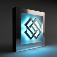 Illuminated interlocking squares emblem on a textured background with a metallic frame design element