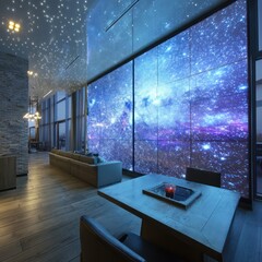 Living room with starry ceiling and large window displaying a galaxy view in a modern home interior