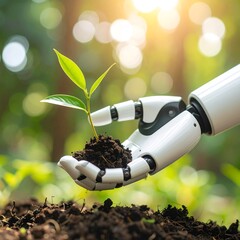 Robotic hand holding a young plant in soil