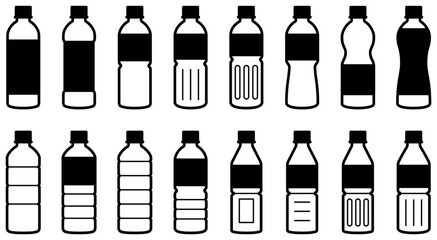 ペットボトルのアイコンセット（様々な形のプラスチックボトルのベクターイラスト）
