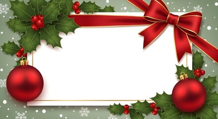 Christmas Greeting Card Template with Holly, Red Bow, and Ornaments