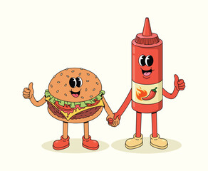burger and chili sauce hand in hand groovy cartoon illustration