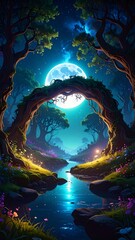 Enchanted moonlit forest view