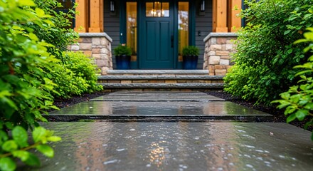Wet stone path leading to a blue door with plants and stone pillars on a rainy day scene outside
