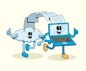 laptop and cloud storage data groovy cartoon illustration