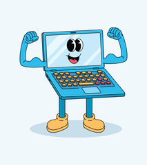 laptop strong groovy cartoon illustration
