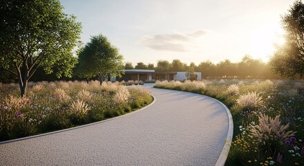 A modern house with a long driveway lined with tall grass and trees in the countryside at sunset