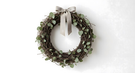 Hanging Christmas wreath made of twigs and eucalyptus leaves with beige ribbon bow on textured wall, minimalist rustic home holiday decoration in soft natural light.