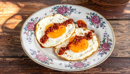Two fried eggs topped with chili flakes and sauce on a floral plate