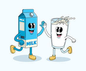 milk and milk box coffee cup high five groovy cartoon illustration