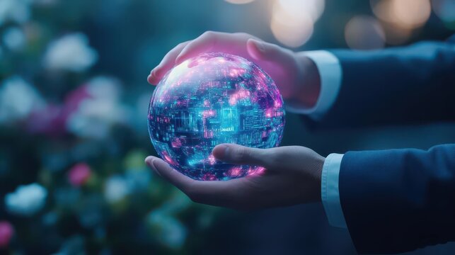 Mystical glowing crystal ball held by hands in a magical outdoor garden scene with vibrant lights and a dreamy atmosphere emphasizing fantasy and mystery