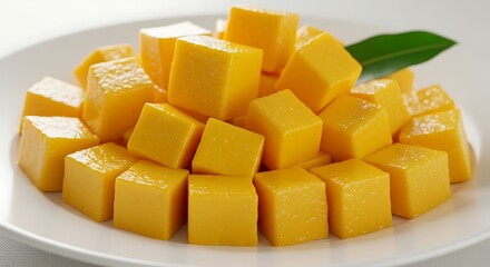 Cut Mango Cubes on Plate, Fresh Fruit Food Photography