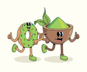 matcha and donut groovy cartoon illustration