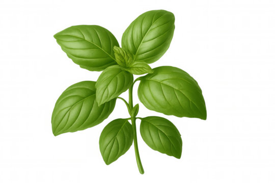 Fresh basil sprig displaying vibrant green leaves, a culinary herb used for cooking and adding aroma to dishes