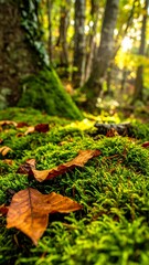 Obraz premium Fallen leaves on a mossy forest floor