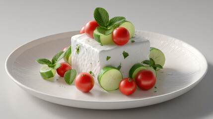 Fresh and appetizing salad featuring block of cottage cheese garnished with cherry tomatoes, cucumber slices, and mint leaves