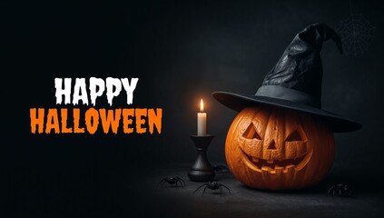 Happy Halloween with a spooky pumpkin and hat with candle and spiders on a dark background, digital art