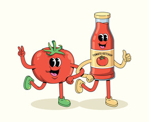 tomato ketchup and tomato walk groovy cartoon illustration