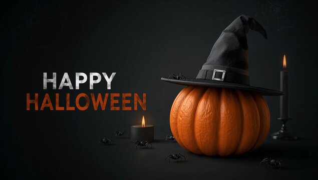 Spooky Halloween celebration with a classic pumpkin, witch hat, and flickering candles casting an eerie glow on a dark background