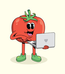 tomato laptop groovy cartoon illustration