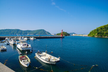 漁船が並ぶ穏やかな港町の風景（下津町大崎）
