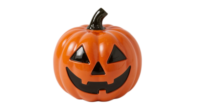 A glossy ceramic Halloween pumpkin with a carved jack-o'-lantern face, perfect for festive autumn decor and spooky celebrations