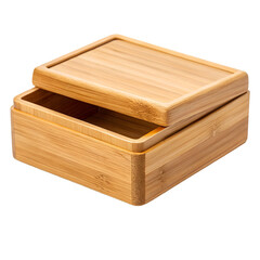 Natural bamboo box with lid slightly ajar on a black background open sliding