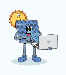 solar panel laptop groovy cartoon illustration