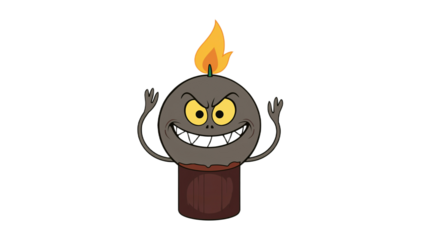 Spooky and mischievous cartoon candle character with a fiery top, devilish grin, and glowing eyes, ready for Halloween