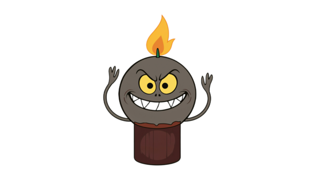 Spooky and mischievous cartoon candle character with a fiery top, devilish grin, and glowing eyes, ready for Halloween - Powered by Adobe