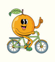 orange riding a bicycle groovy cartoon illustration