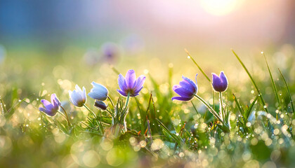 Purple flowers in a field with dew drops and a blurred background.