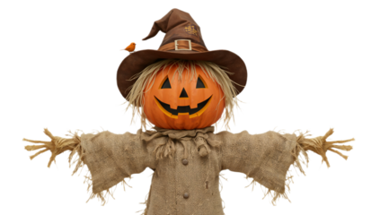 Halloween jack-o-lantern scarecrow wearing a witch hat with outstretched arms against a white background