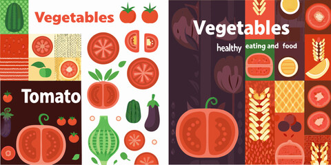 Vibrant collection of fresh vegetables and tomato slices in a modern geometric design