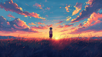 美しい夕焼けの野原に立つ子供のイラスト