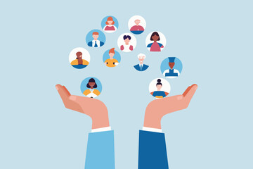 Two open hands gently holding and supporting a diverse group of people in circular profile icons
