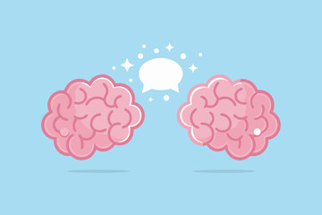 Two pink brains communicating ideas through a speech bubble with sparkles on a light blue background
