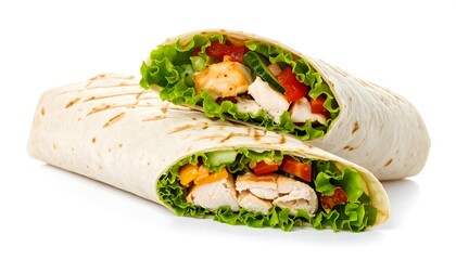 Two halves of a chicken and vegetable wrap