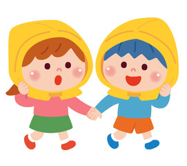 避難訓練をする子どもたちのイラスト