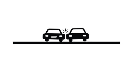 Two cars on a road sign showing a traffic accident or collision symbol black and white simple graphic
