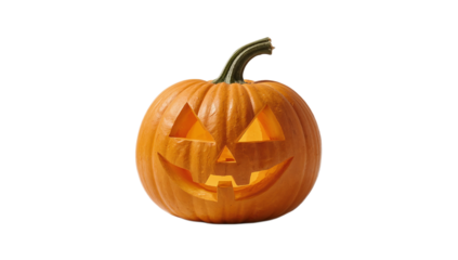 A classic carved jack-o'-lantern pumpkin, a symbol of autumn and Halloween celebrations, isolated on a white background