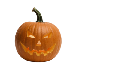 A classic carved Jack-o'-lantern pumpkin, symbolizing Halloween and autumn festivities, against a clean white background