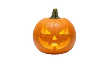 A classic carved Halloween pumpkin with a smiling face, glowing from within, set against a clean white background