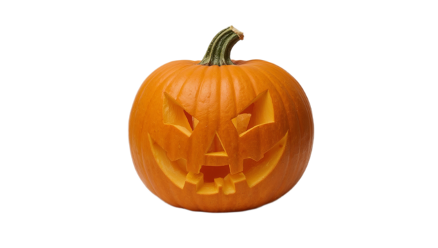 Spooky Jack-o'-lantern carved from a pumpkin with a scary face for Halloween, isolated on a white background