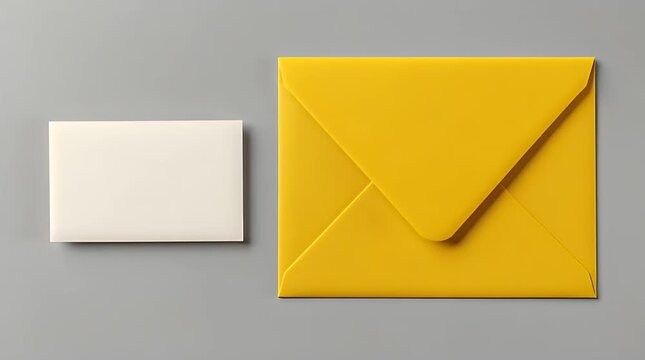 A square ivory card and yellow envelope lie on gray background. Shadows give them depth and texture