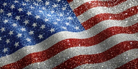 A vibrant American flag shimmers with glittering details, showcasing its red and white stripes and blue field with white stars, enhancing the festive atmosphere.