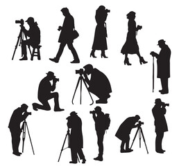 Photographer and camera silhouettes on white background. Vector illustration.