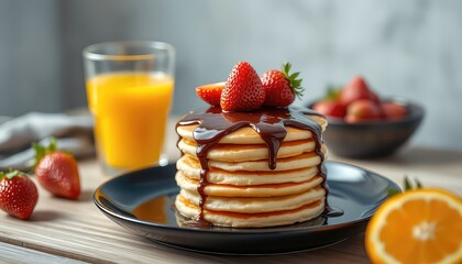 Delicious breakfast featuring a stack of golden pancakes topped with chocolate syrup and fresh strawberries